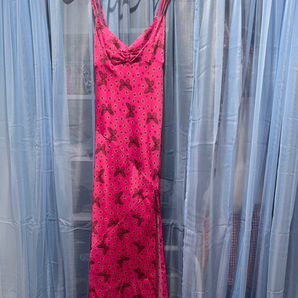 Pink Maxi Dress with Butterfly Pattern